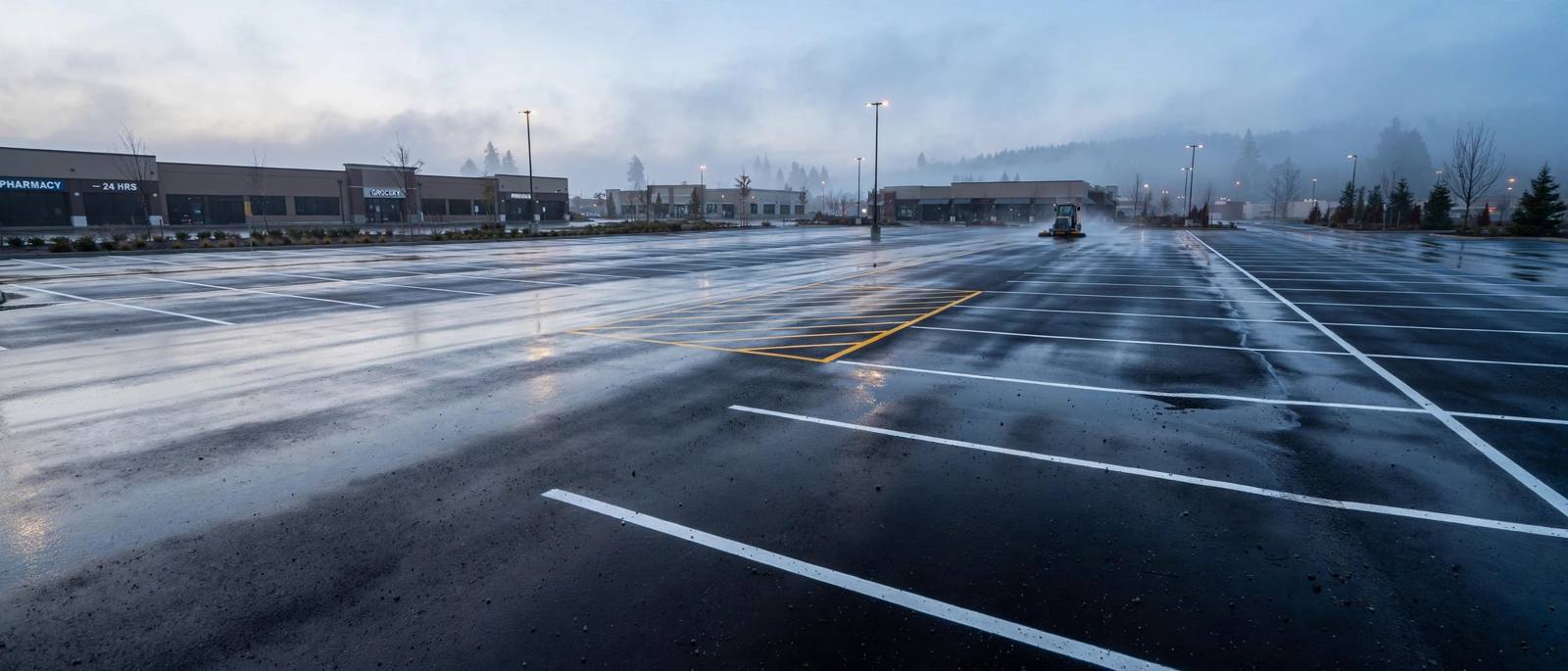 A freshly cleaned and newly striped commercial parking lot