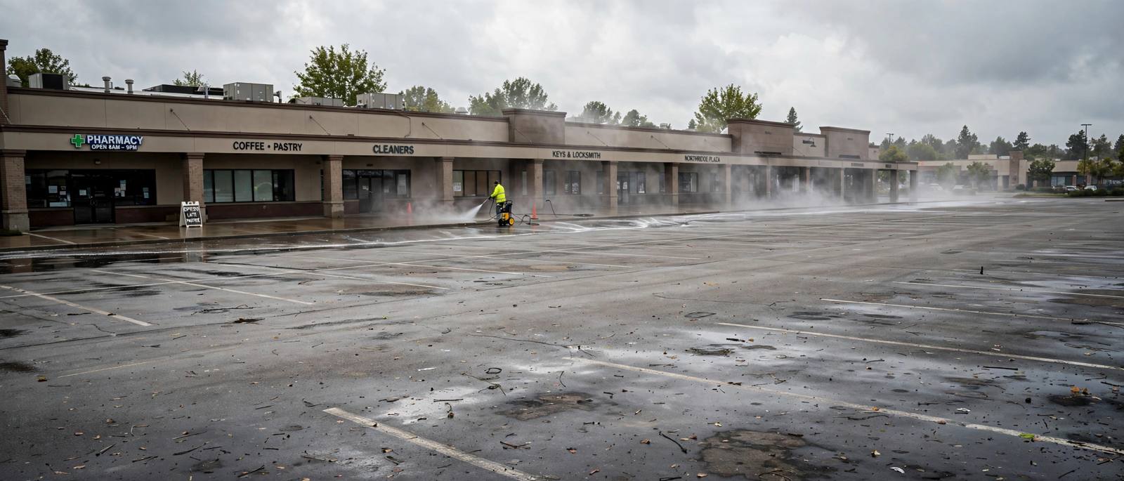 A commercial building exterior and sidewalk being pressure washed, seen from across a parking lot